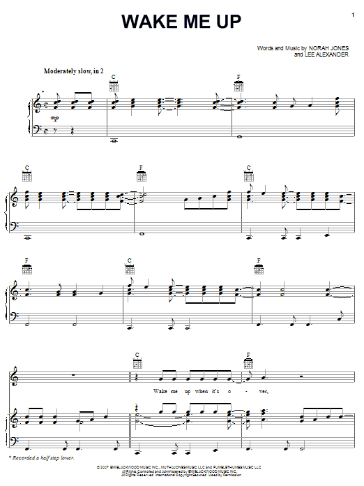 Norah Jones Wake Me Up sheet music notes and chords arranged for Piano, Vocal & Guitar Chords (Right-Hand Melody)