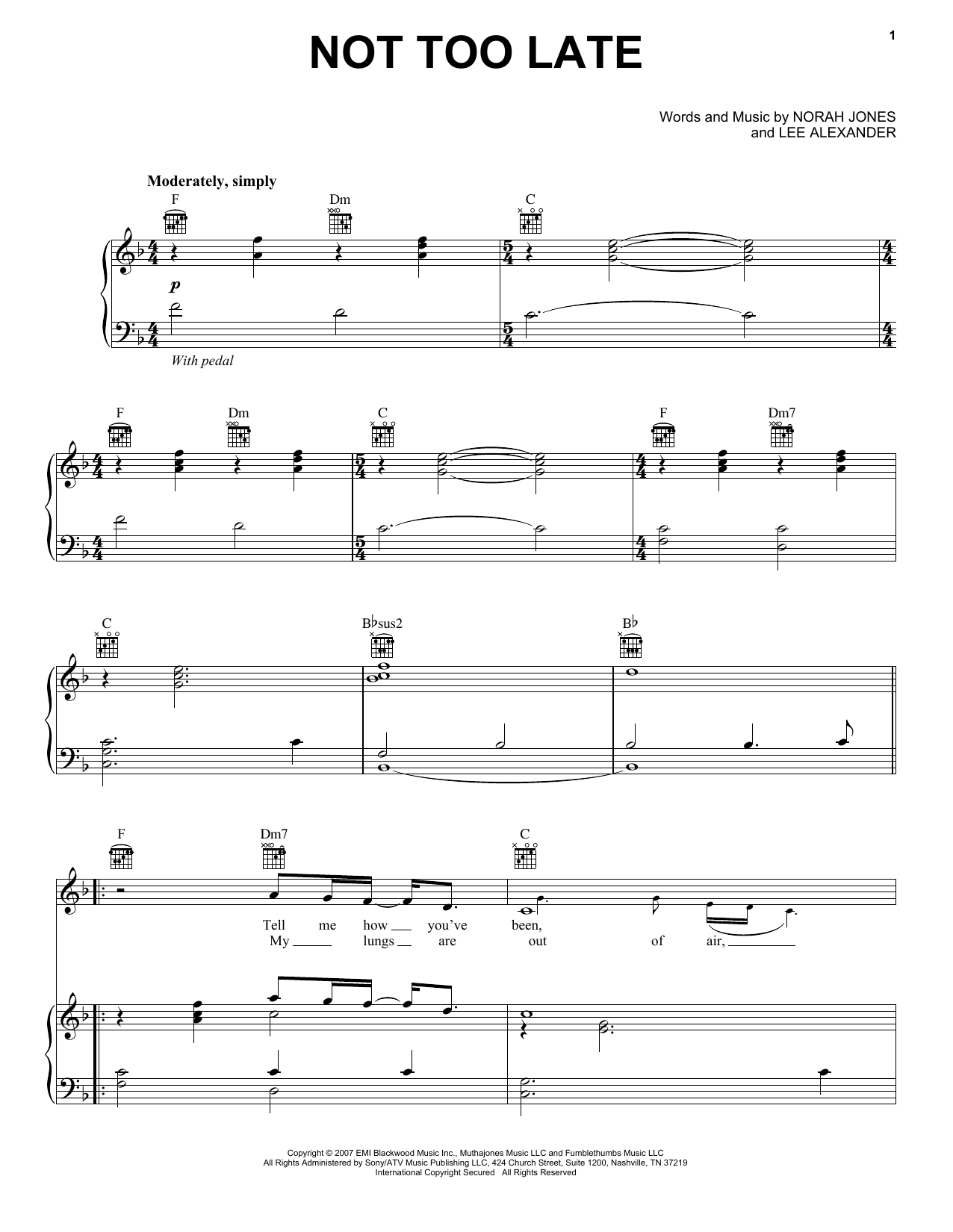 Norah Jones Not Too Late sheet music notes and chords arranged for Easy Piano