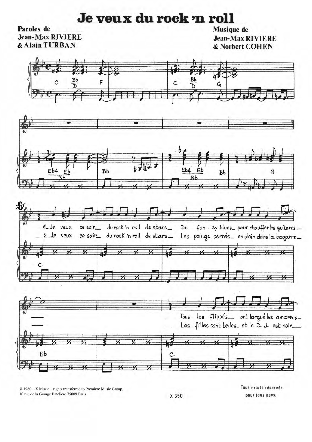 Norbert Cohen Je Veux Du Rock 'N' Roll sheet music notes and chords arranged for Piano & Vocal