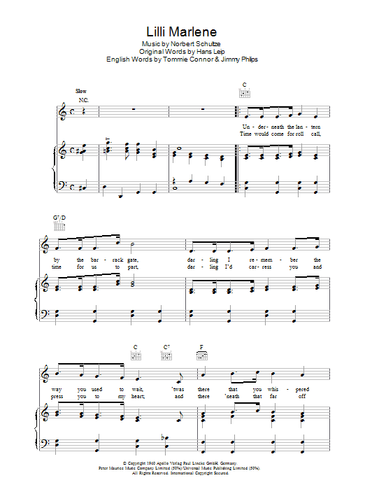 Norbert Schultze Lilli Marlene sheet music notes and chords arranged for Piano, Vocal & Guitar Chords