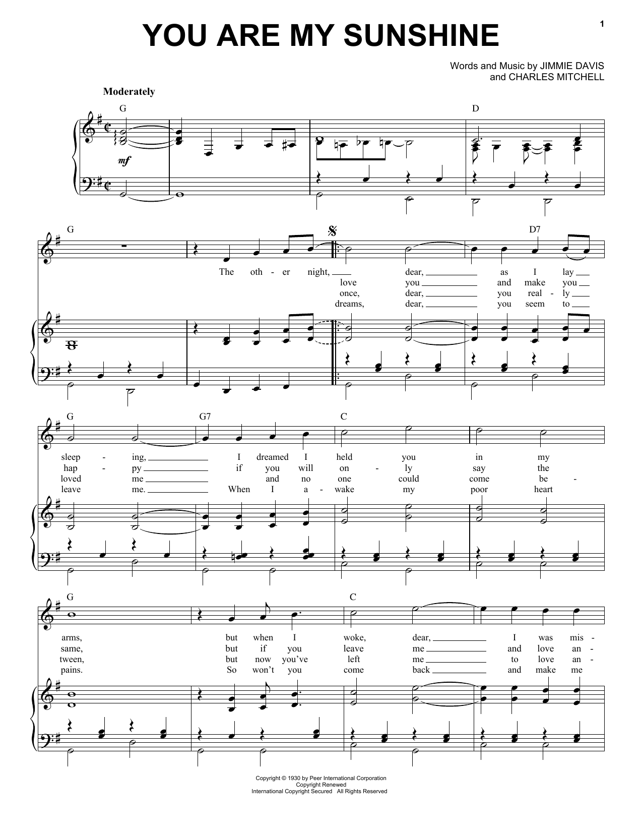 Norman Blake You Are My Sunshine sheet music notes and chords arranged for Very Easy Piano