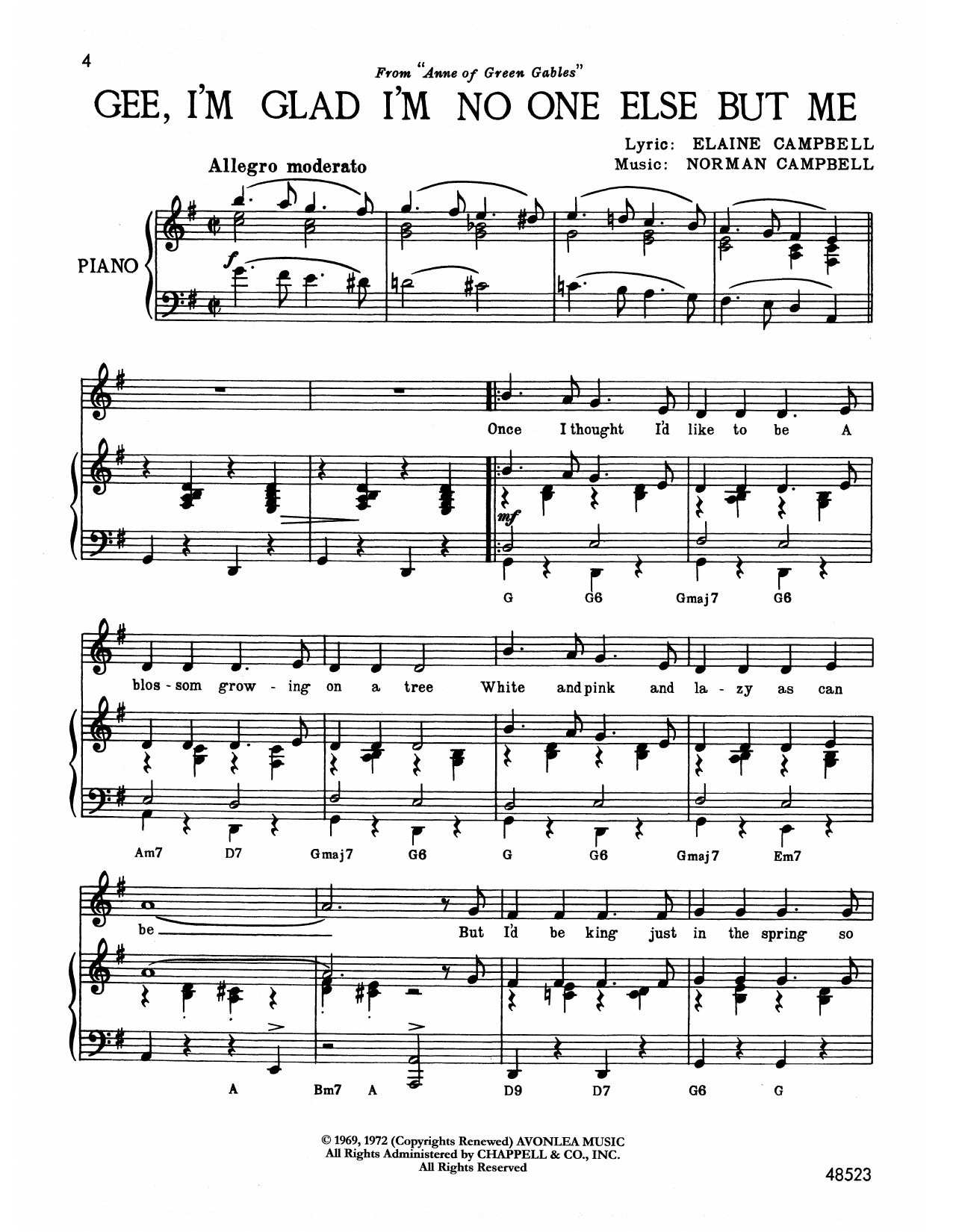 Norman Campbell Gee, I'm Glad I'm No One Else But Me (from Anne Of Green Gables) sheet music notes and chords arranged for Piano & Vocal