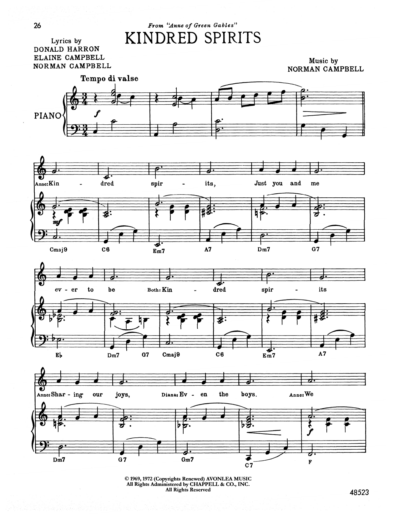 Norman Campbell Kindred Spirits (from Anne Of Green Gables) sheet music notes and chords arranged for Piano & Vocal