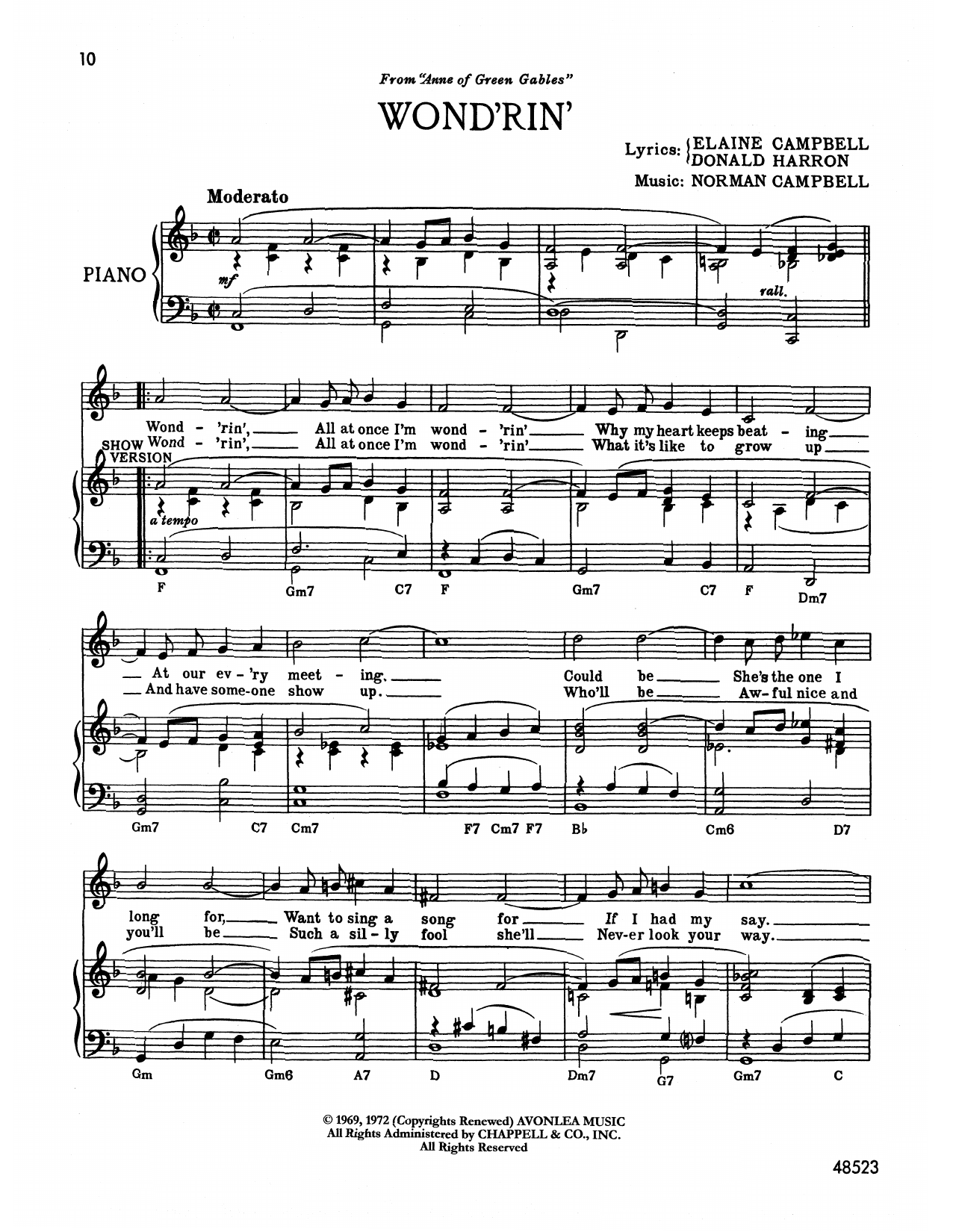 Norman Campbell Wond'rin' (from Anne Of Green Gables) sheet music notes and chords arranged for Piano & Vocal