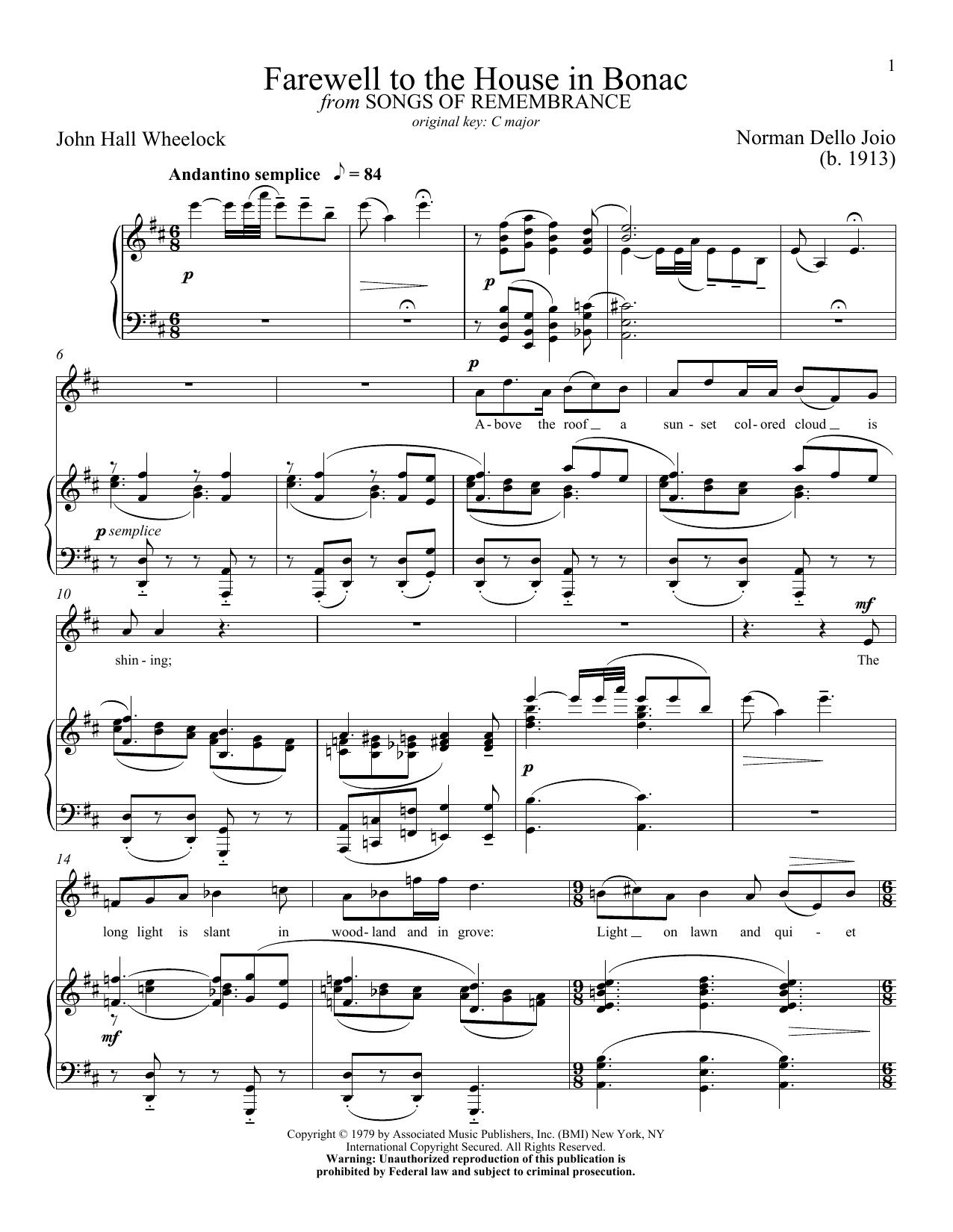 Norman Dello Joio Farewell To The House In Bonac sheet music notes and chords arranged for Piano & Vocal