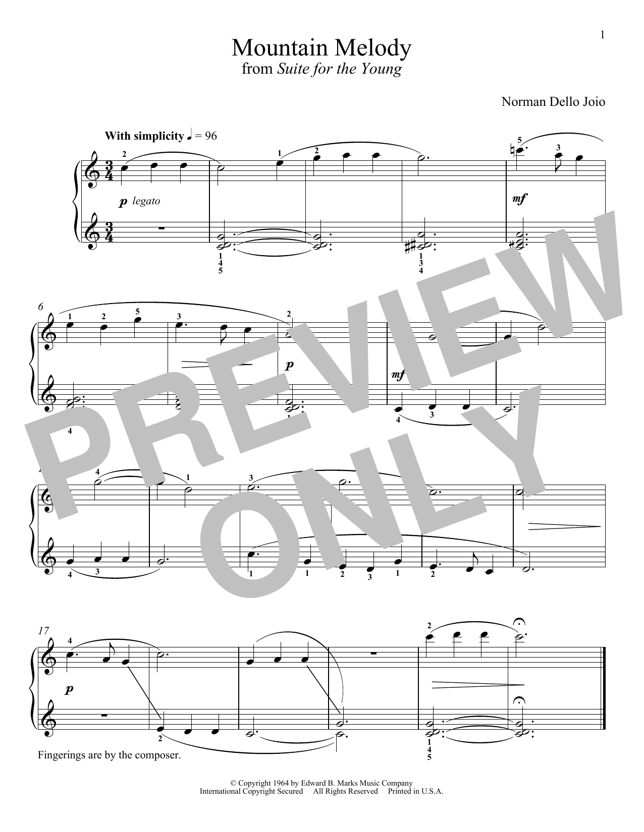 Norman Dello Joio Mountain Melody sheet music notes and chords arranged for Piano Solo