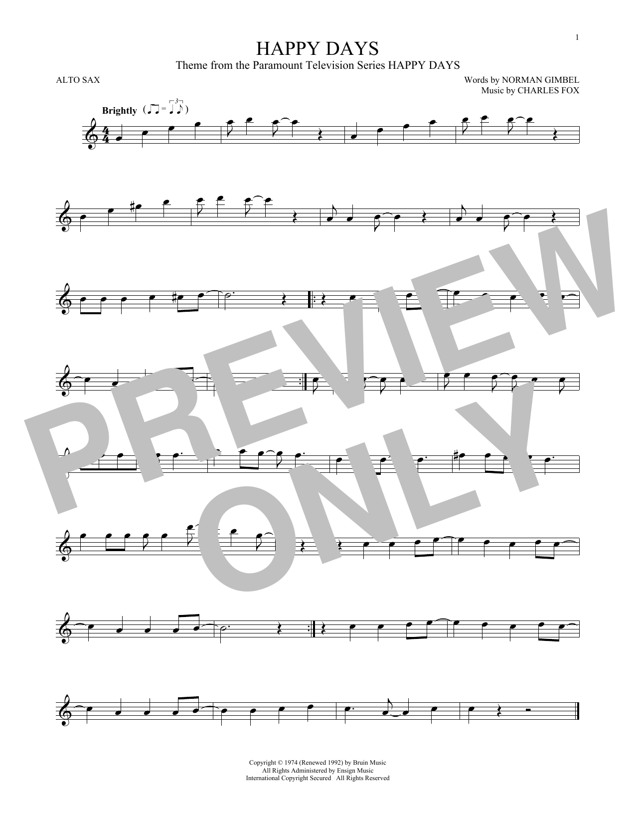 Norman Gimbel & Charles Fox Happy Days sheet music notes and chords arranged for French Horn Solo