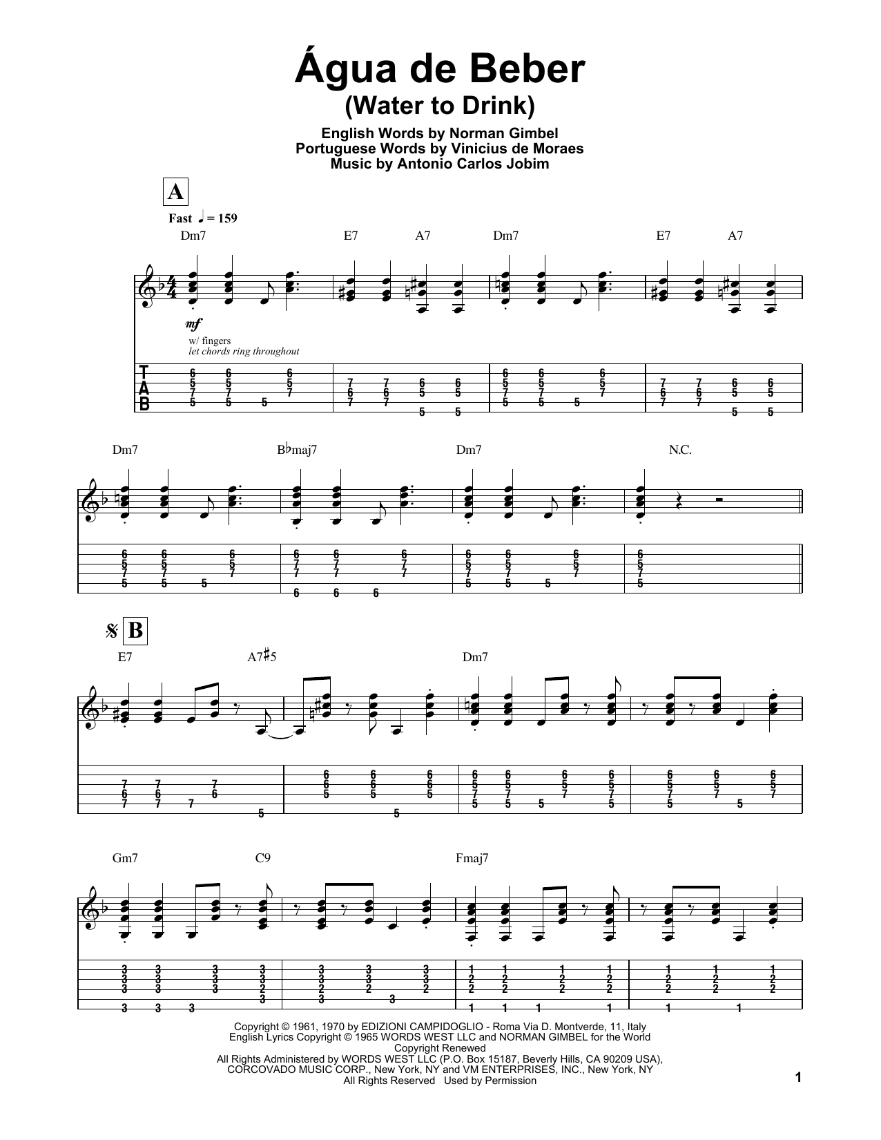 Norman Gimbel Água De Beber (Water To Drink) sheet music notes and chords arranged for Guitar Tab (Single Guitar)