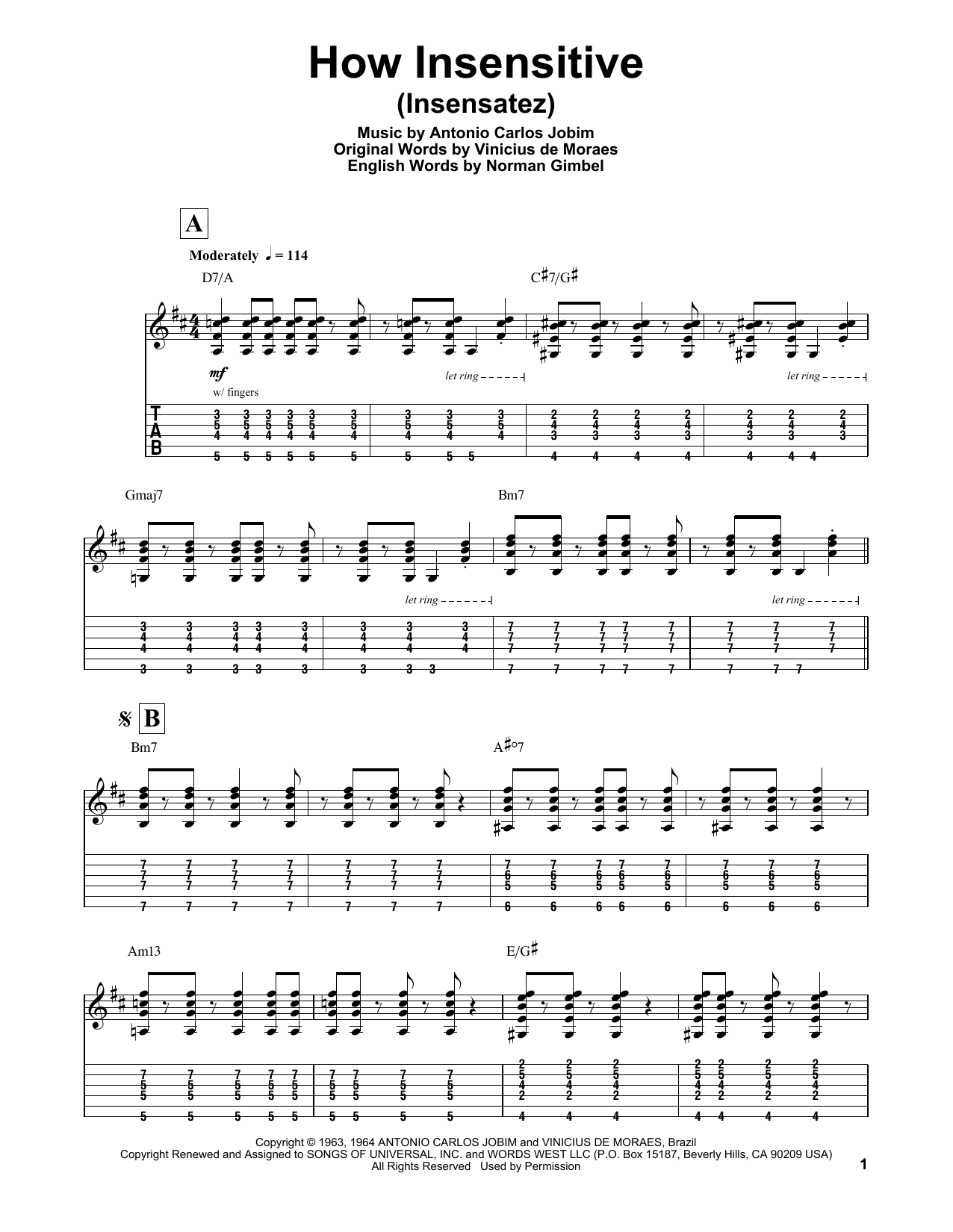 Norman Gimbel How Insensitive (Insensatez) sheet music notes and chords arranged for Guitar Tab (Single Guitar)