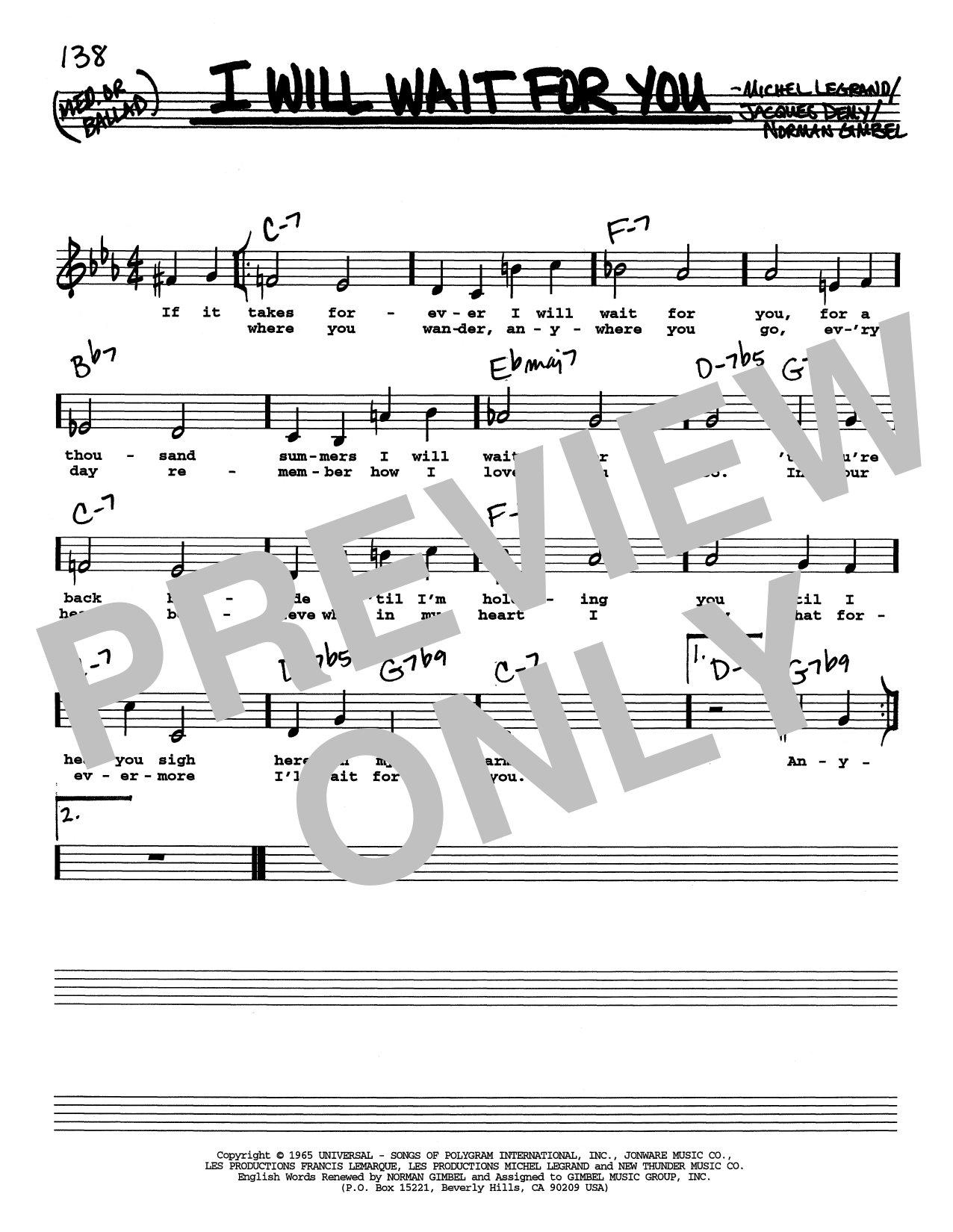 Norman Gimbel I Will Wait For You (Low Voice) sheet music notes and chords arranged for Real Book – Melody, Lyrics & Chords