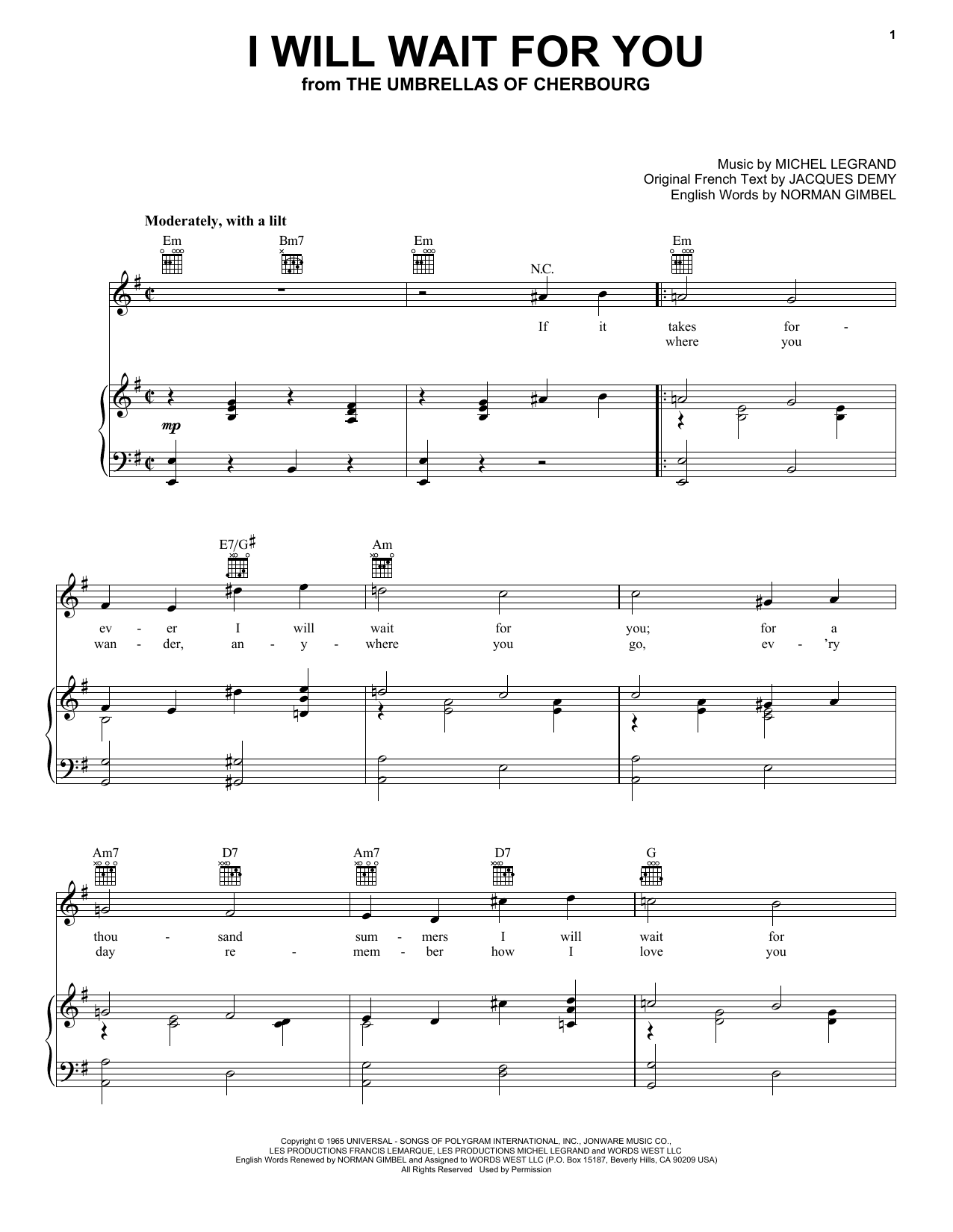 Norman Gimbel I Will Wait For You sheet music notes and chords arranged for Piano, Vocal & Guitar Chords (Right-Hand Melody)