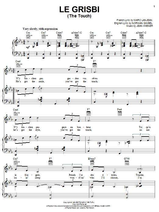 Norman Gimbel Le Grisbi (The Touch) sheet music notes and chords arranged for Piano, Vocal & Guitar Chords (Right-Hand Melody)