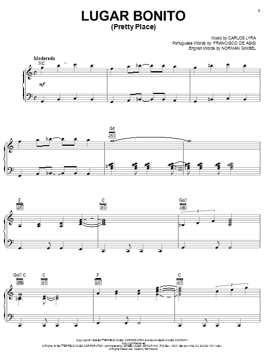Norman Gimbel Lugar Bonito (Pretty Place) sheet music notes and chords arranged for Piano, Vocal & Guitar Chords (Right-Hand Melody)