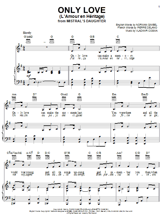 Norman Gimbel Only Love (L'Amour en Heritage) sheet music notes and chords arranged for Piano, Vocal & Guitar Chords (Right-Hand Melody)