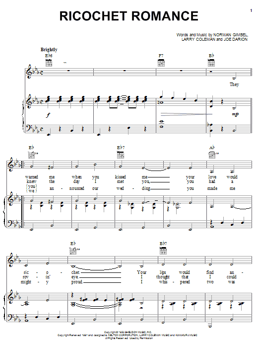 Norman Gimbel Ricochet Romance sheet music notes and chords arranged for Piano, Vocal & Guitar Chords (Right-Hand Melody)