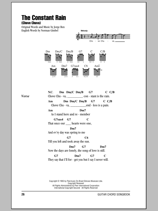 Norman Gimbel The Constant Rain (Chove Chuva) sheet music notes and chords arranged for Piano, Vocal & Guitar Chords (Right-Hand Melody)