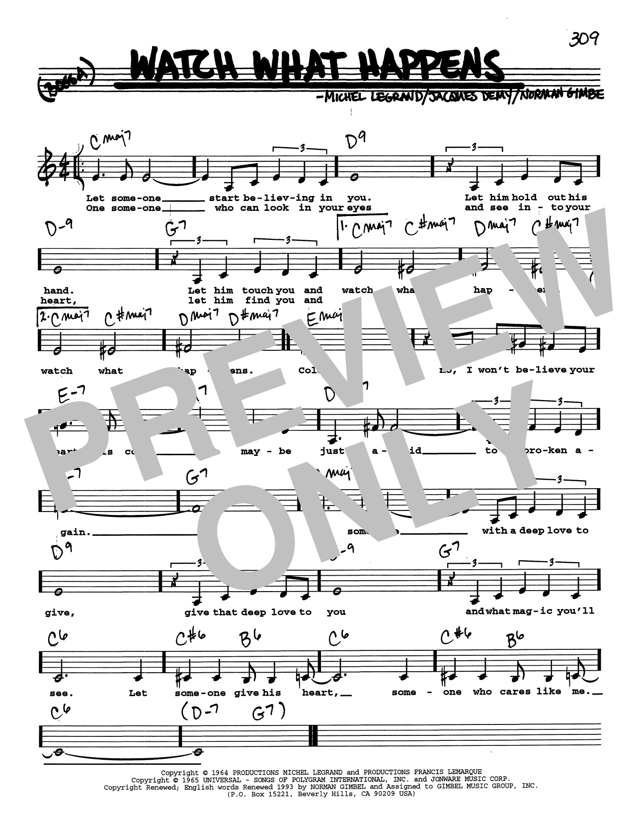 Norman Gimbel Watch What Happens (Low Voice) sheet music notes and chords arranged for Real Book – Melody, Lyrics & Chords