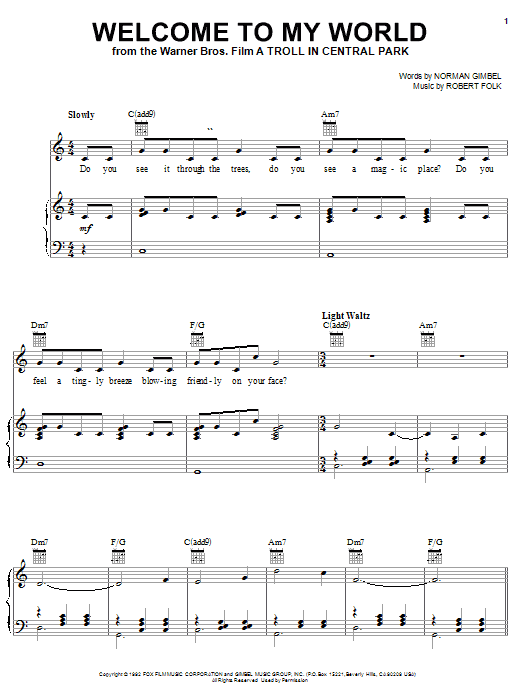 Norman Gimbel Welcome To My World sheet music notes and chords arranged for Piano, Vocal & Guitar Chords (Right-Hand Melody)