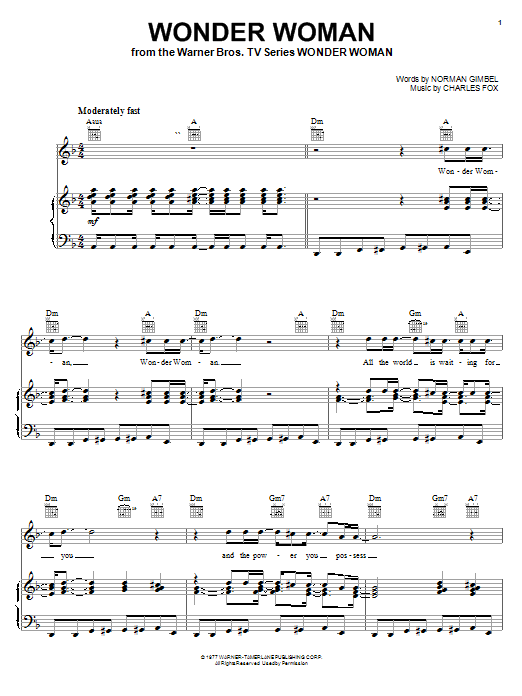 Norman Gimbel Wonder Woman sheet music notes and chords arranged for Piano, Vocal & Guitar Chords (Right-Hand Melody)