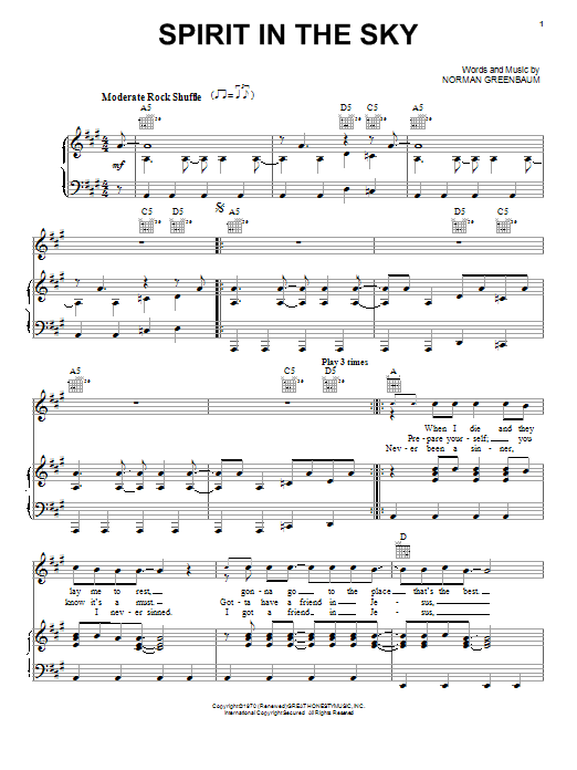Norman Greenbaum Spirit In The Sky sheet music notes and chords arranged for Big Note Piano