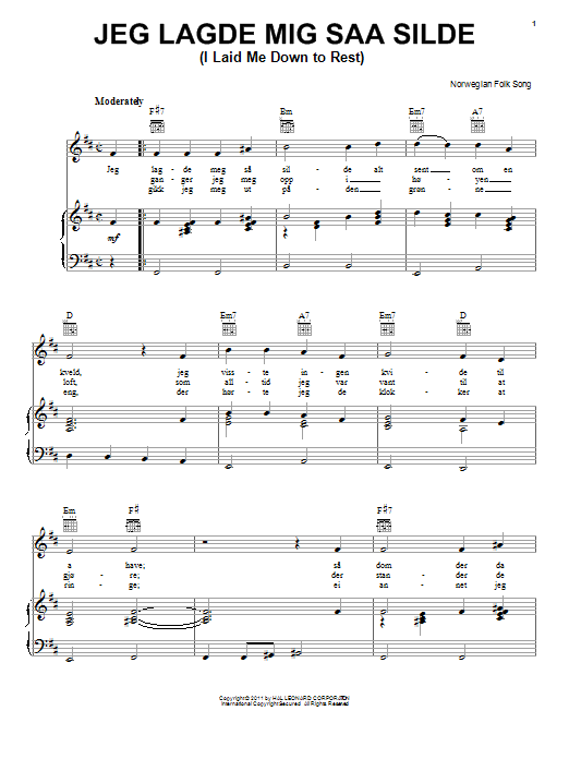 Norwegian Folksong Jeg Lagde Mig Saa Silde (I Laid Me Down To Rest) sheet music notes and chords arranged for Piano, Vocal & Guitar Chords (Right-Hand Melody)