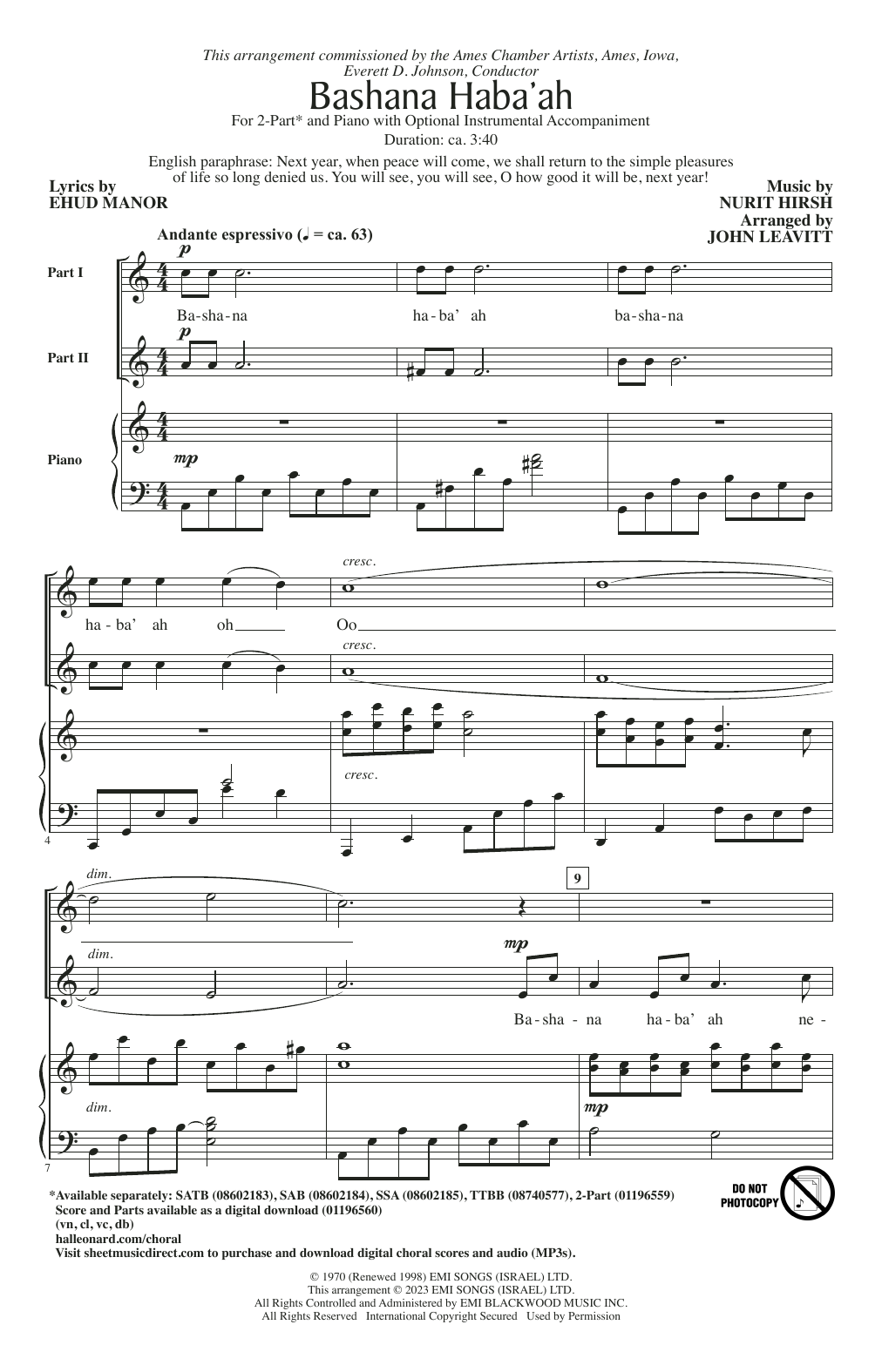 Nurit Hirsh Bashana Haba 'Ah (arr. John Leavitt) sheet music notes and chords arranged for 2-Part Choir