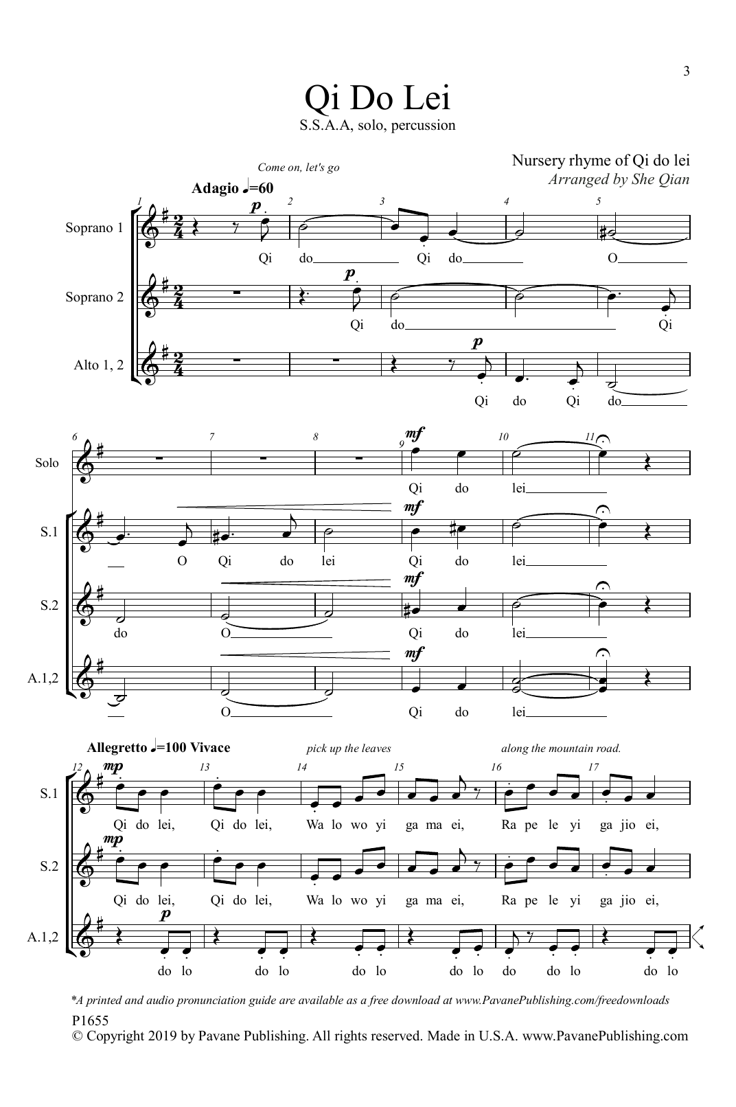 Nursery rhyme of Qi do lei Qi Do Lei (arr. She Qian) sheet music notes and chords arranged for SSA Choir