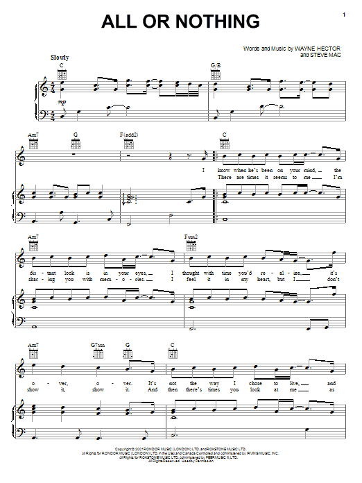 O-Town All Or Nothing sheet music notes and chords arranged for Piano, Vocal & Guitar Chords (Right-Hand Melody)