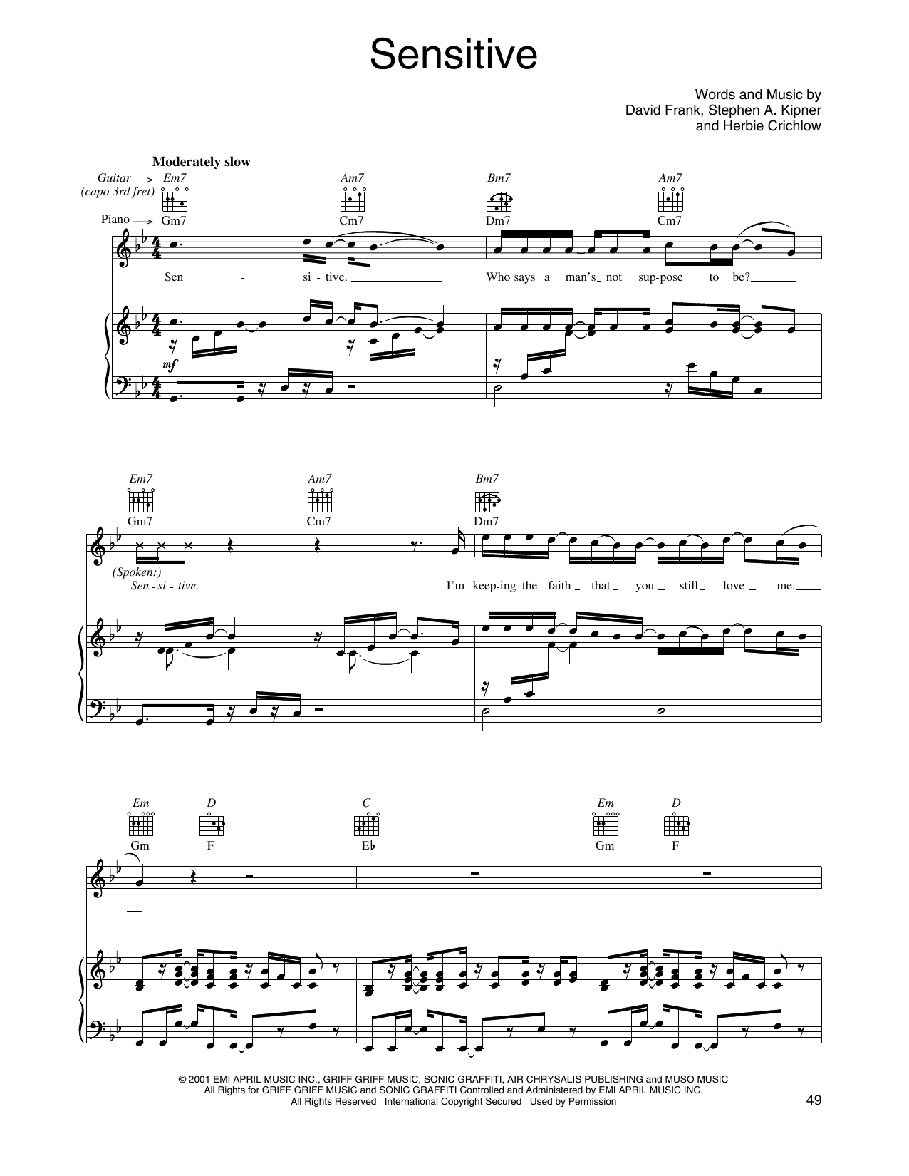 O-Town Sensitive sheet music notes and chords arranged for Piano, Vocal & Guitar Chords (Right-Hand Melody)