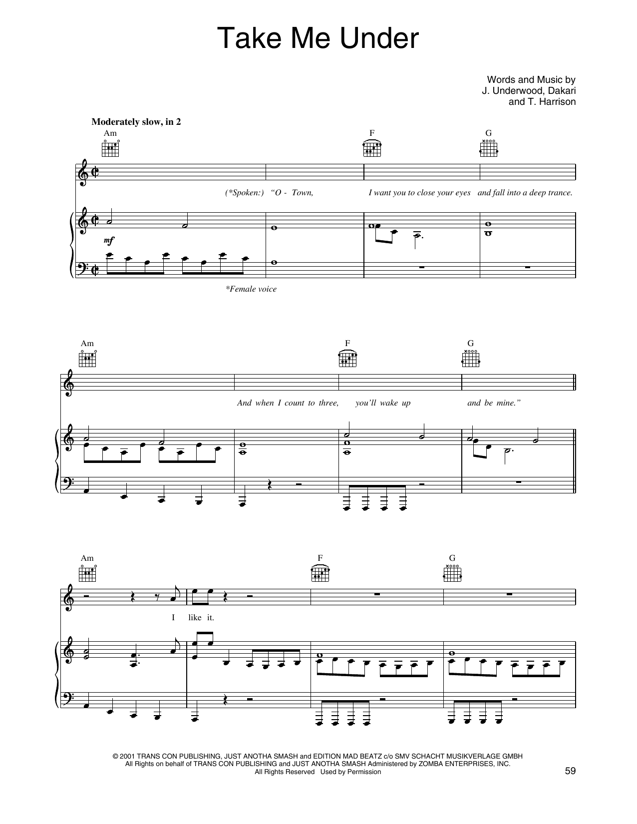 O-Town Take Me Under sheet music notes and chords arranged for Piano, Vocal & Guitar Chords (Right-Hand Melody)
