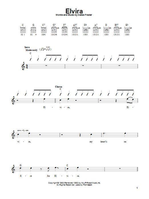 Oak Ridge Boys Elvira sheet music notes and chords arranged for Guitar Chords/Lyrics