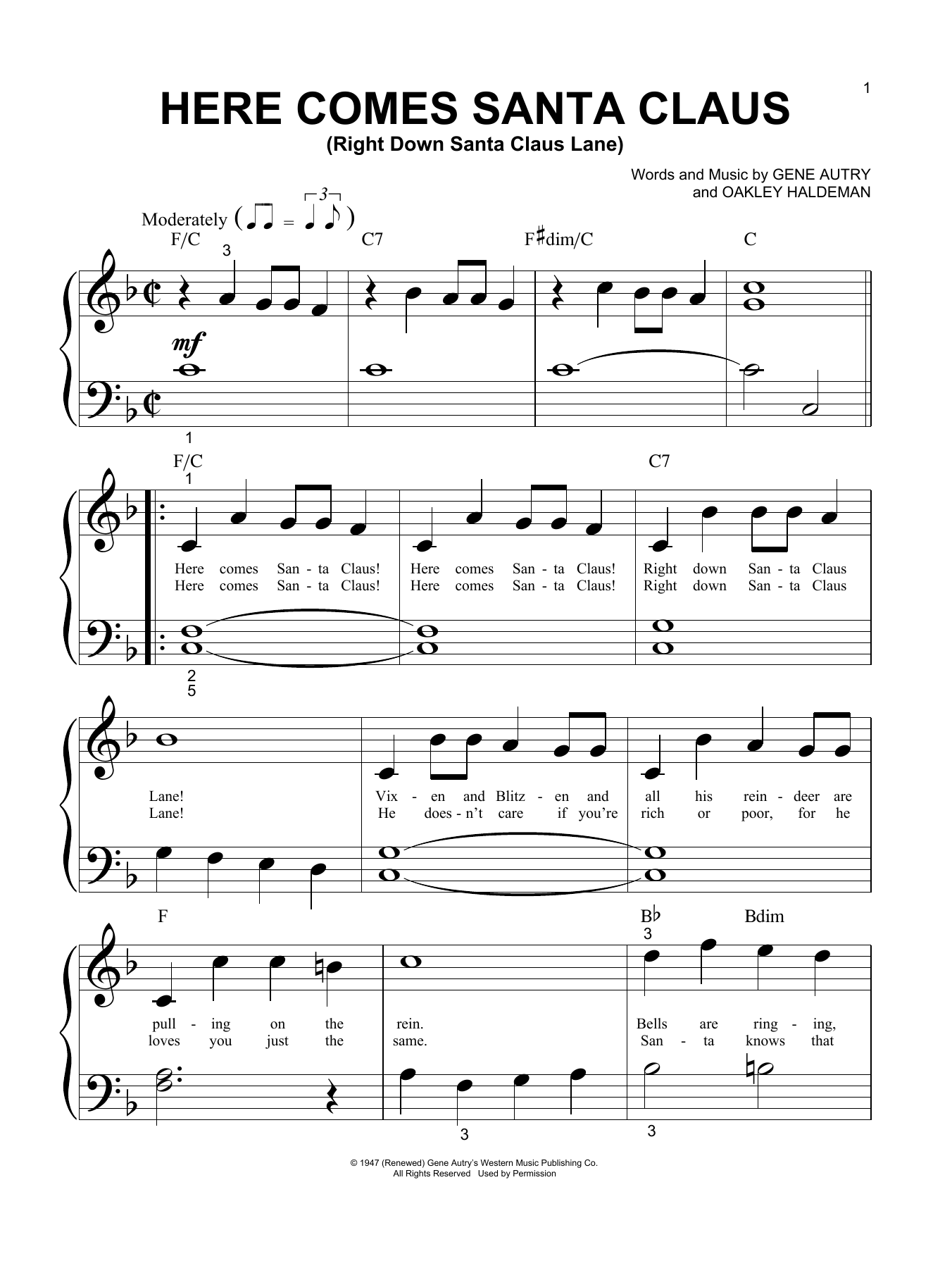 Oakley Haldeman Here Comes Santa Claus (Right Down Santa Claus Lane) sheet music notes and chords arranged for Big Note Piano