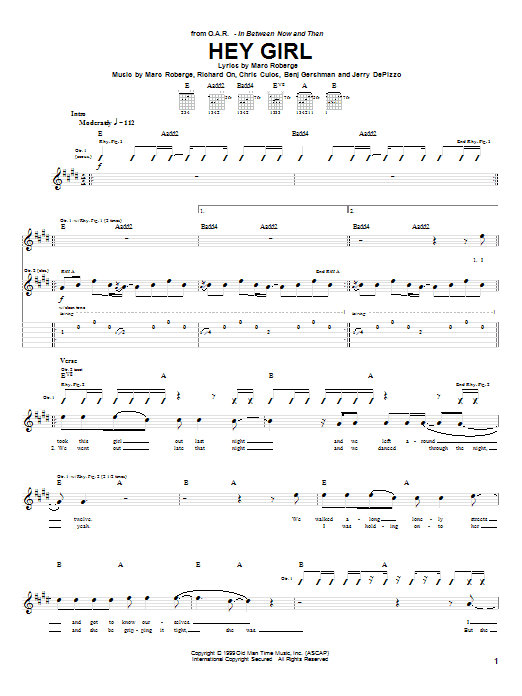 O.A.R. Hey Girl sheet music notes and chords arranged for Guitar Tab