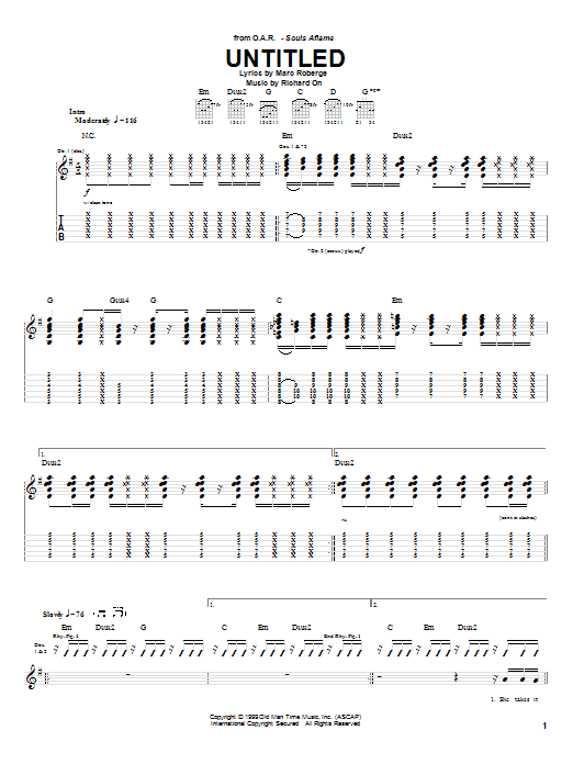 O.A.R. Untitled sheet music notes and chords arranged for Guitar Tab
