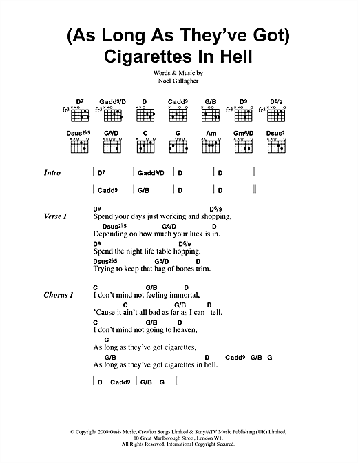 Oasis (As Long As They've Got) Cigarettes In Hell sheet music notes and chords arranged for Guitar Chords/Lyrics