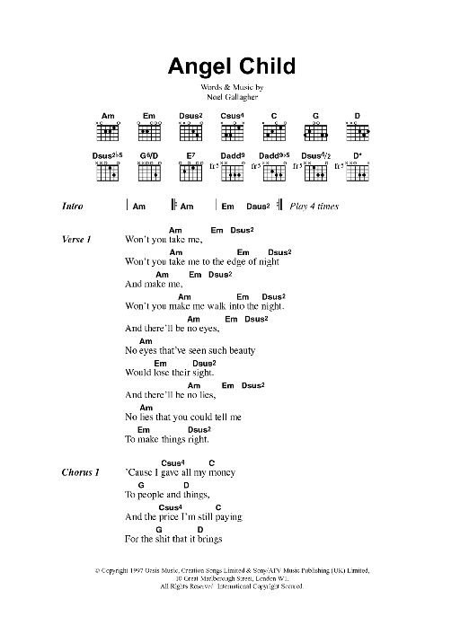 Oasis Angel Child sheet music notes and chords arranged for Guitar Chords/Lyrics