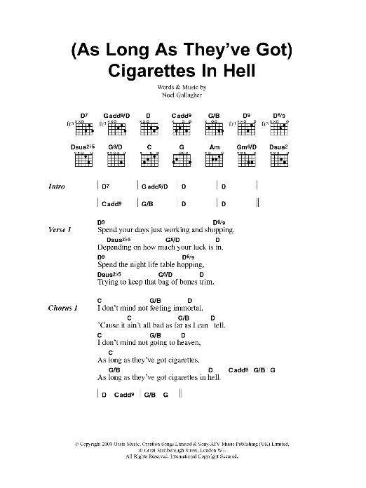 Oasis (As Long As They've Got) Cigarettes In Hell sheet music notes and chords arranged for Guitar Chords/Lyrics