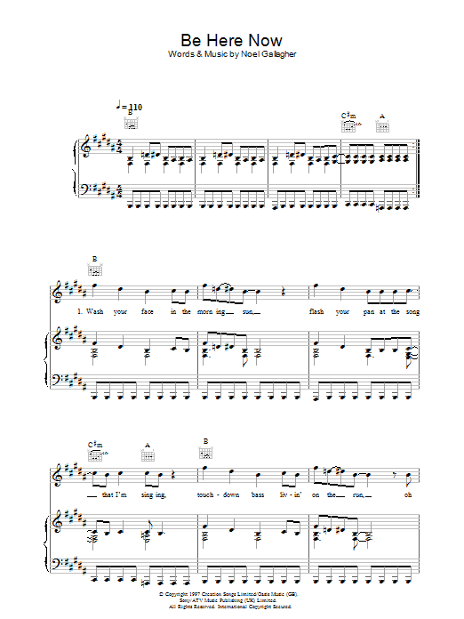 Oasis Be Here Now sheet music notes and chords arranged for Piano, Vocal & Guitar Chords