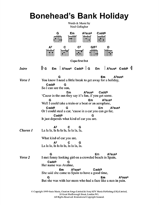 Oasis Bonehead's Bank Holiday sheet music notes and chords arranged for Guitar Chords/Lyrics