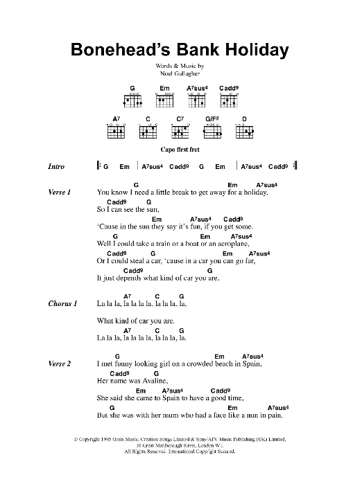 Oasis Bonehead's Bank Holiday sheet music notes and chords arranged for Guitar Chords/Lyrics