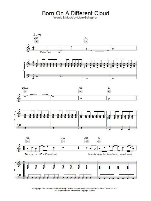 Oasis Born On A Different Cloud sheet music notes and chords arranged for Guitar Tab