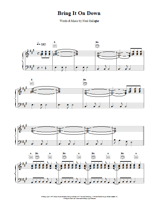 Oasis Bring It On Down sheet music notes and chords arranged for Piano, Vocal & Guitar Chords