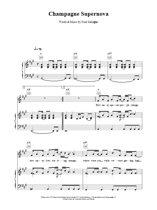 Oasis Champagne Supernova sheet music notes and chords arranged for Piano, Vocal & Guitar Chords (Right-Hand Melody)