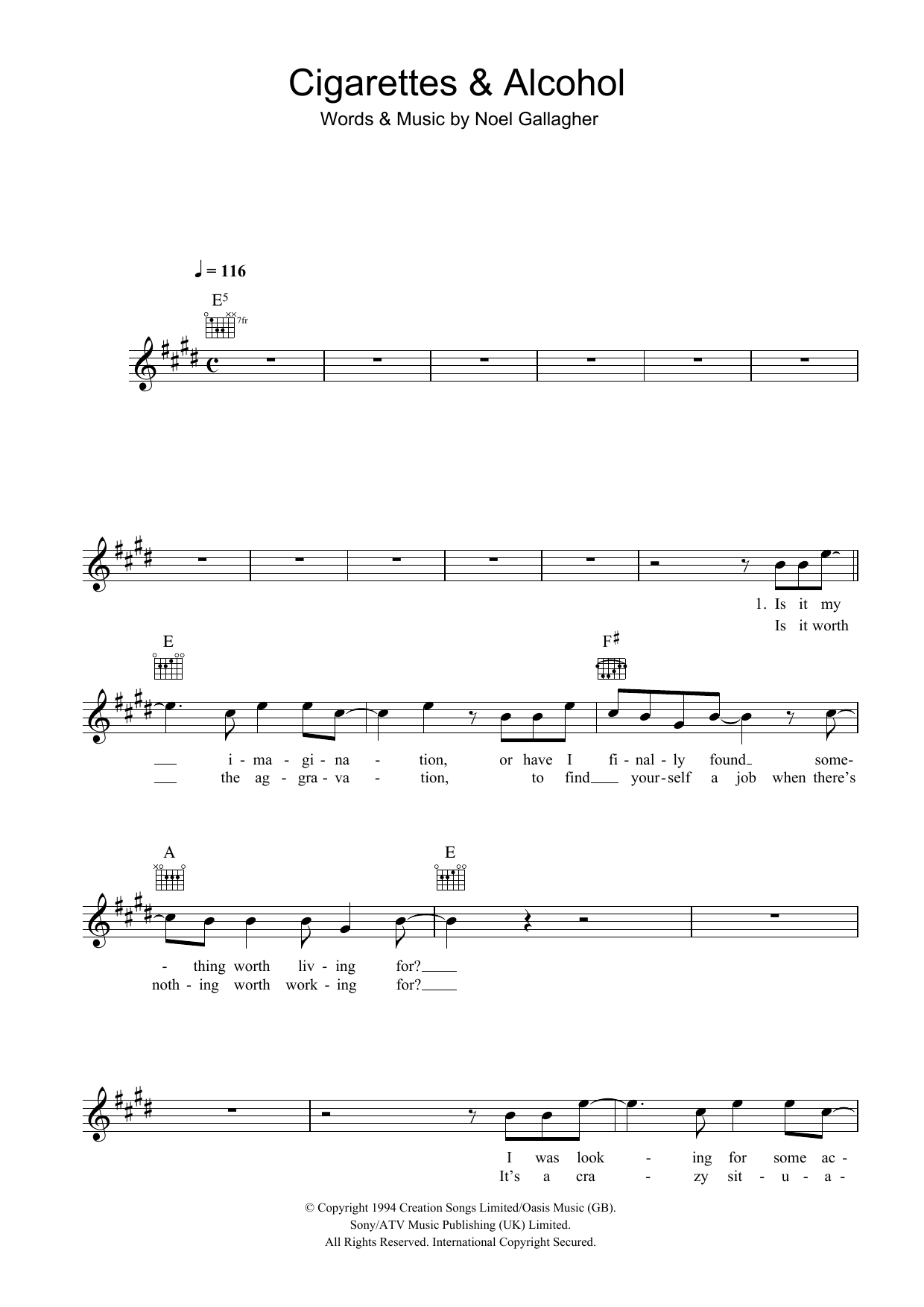 Oasis Cigarettes and Alcohol sheet music notes and chords arranged for Piano Chords/Lyrics