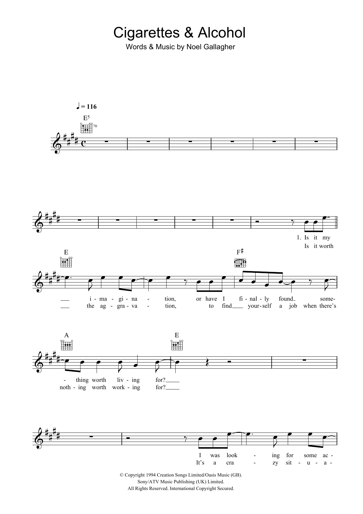 Oasis Cigarettes & Alcohol sheet music notes and chords arranged for Lead Sheet / Fake Book