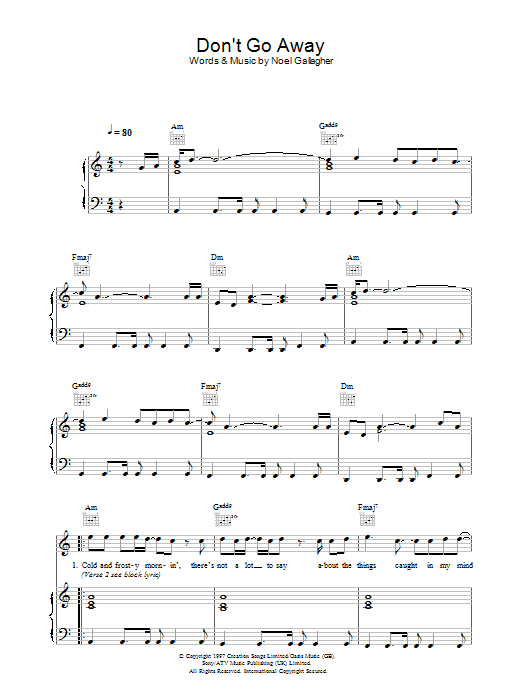 Oasis Don't Go Away sheet music notes and chords arranged for Piano, Vocal & Guitar Chords