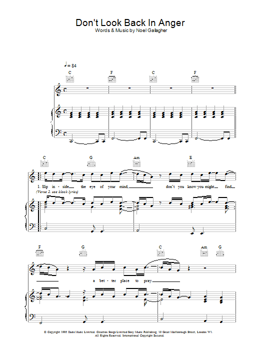 Oasis Don't Look Back In Anger sheet music notes and chords arranged for Beginner Piano