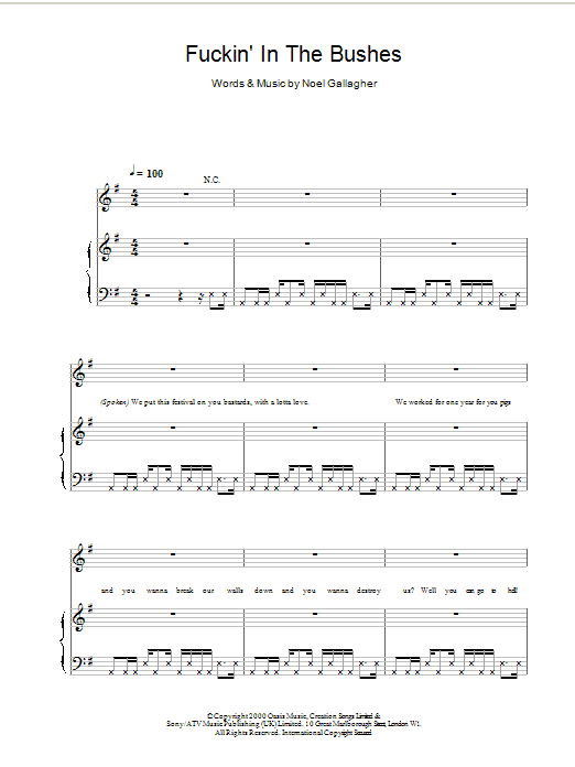 Oasis F***in' In The Bushes sheet music notes and chords arranged for Piano, Vocal & Guitar Chords