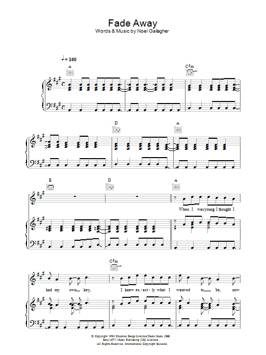 Oasis Fade Away sheet music notes and chords arranged for Piano, Vocal & Guitar Chords