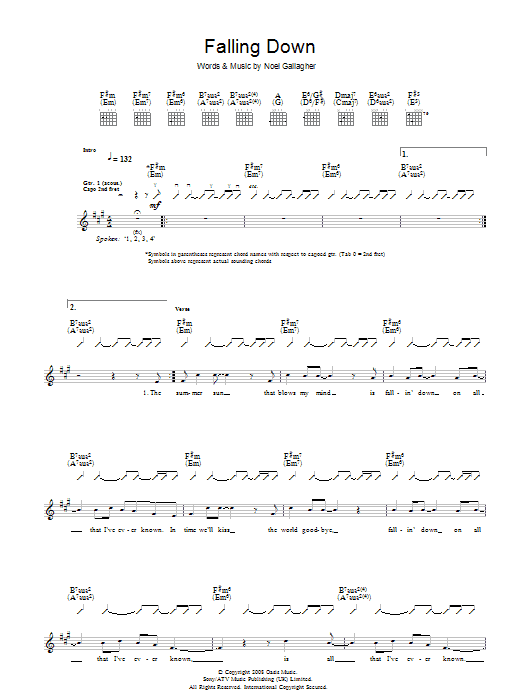 Oasis Falling Down sheet music notes and chords arranged for Guitar Chords/Lyrics